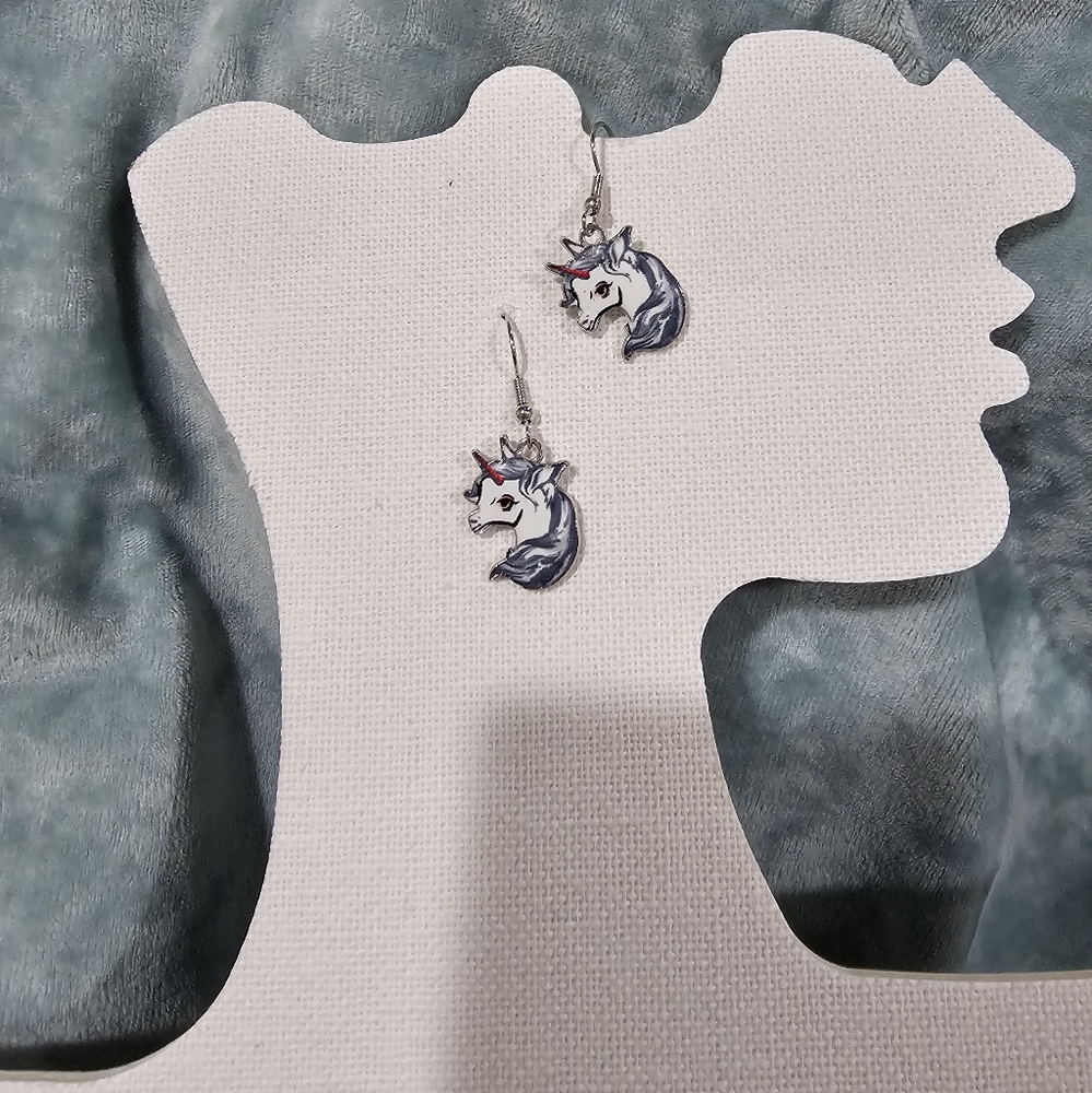 Unicorn Earrings Enamel Silver Metal NIP Gray - Picture 2 of 3